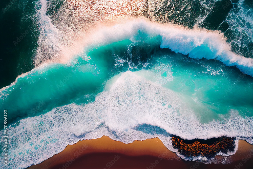 Waves in sea, top view. Seashore sea waves, bright beach, seaside. Wave at beach, aerial. Splashing Waves in ocean. Blue sea water. Sea aerial view in tropical sunset. Aerial beach scene, drone view.