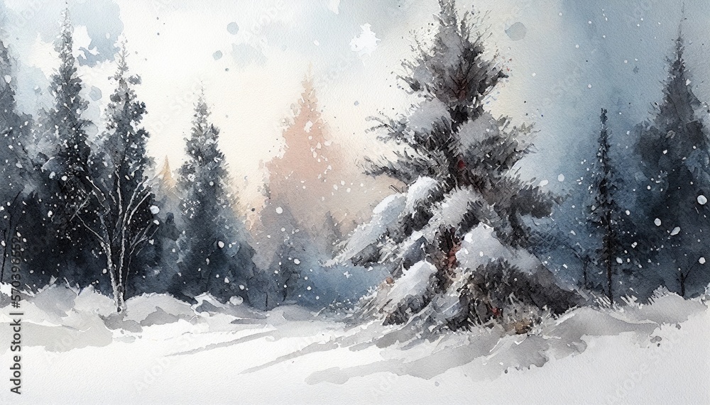 winter forest landscape with snow, watercolor painting Generative AI 
