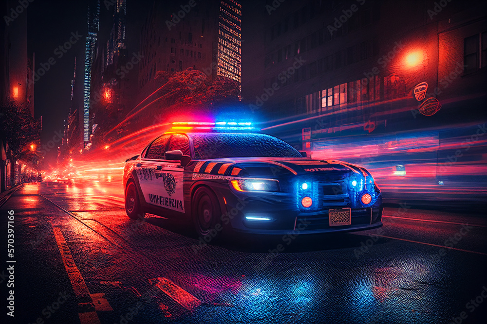 Police car in New York. Police car with red and blue emergency lights. Emergency vehicle lighting. LED blinker flasher Police car. Road traffic jam accident. Crime in City. Operation, control, patrol.