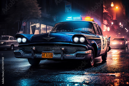 Police car in New York. Police car with red and blue emergency lights. Emergency vehicle lighting. LED blinker flasher Police car. Road traffic jam accident. Crime in City. Operation, control, patrol.