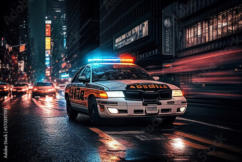 Police car in New York. Police car with red and blue emergency lights. Emergency vehicle lighting. LED blinker flasher Police car. Road traffic jam accident. Crime in City. Operation, control, patrol.