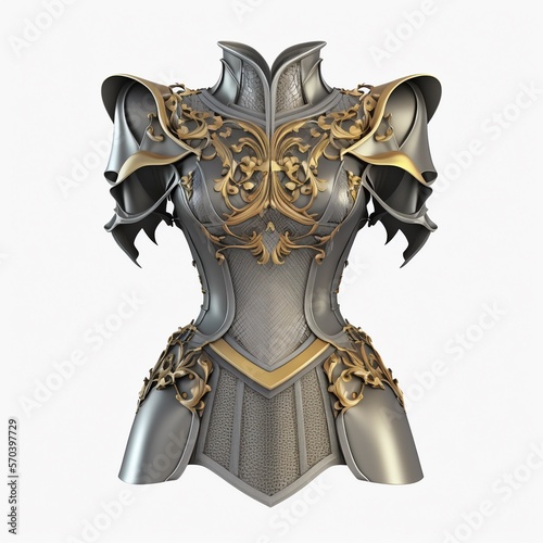 Fantasy gorgeous metallic dark steel short dress armor top illustration design for women, isolated on white background.