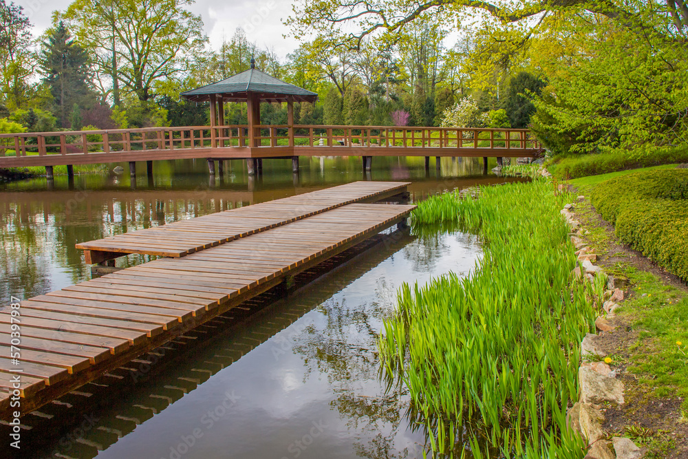 Wooden pier and wooden bridge and gazebo in centre in Japanese garden in Wroclaw