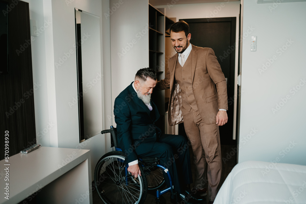 Father and son on their wedding day getting ready Father and son on their wedding day getting ready