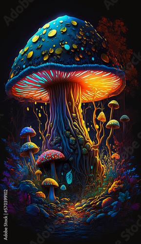 Colorful mushroom in pandora forest. Generative AI © nadunprabodana