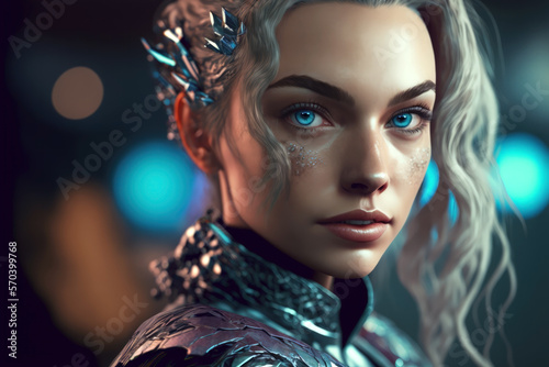 Beautiful girl avatar for metaverse or cyberpunk in futuristic metallic suit, on blurred background | Generative AI Production