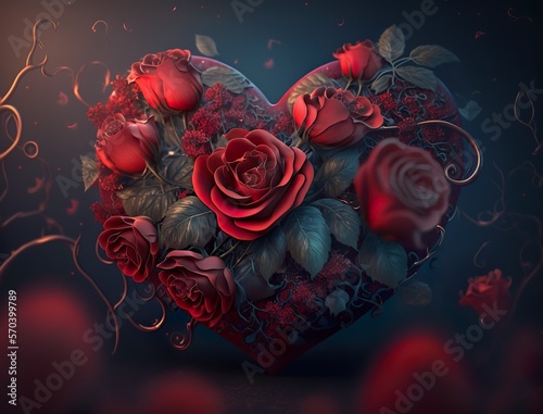 Red heart of roses background 3D  photo