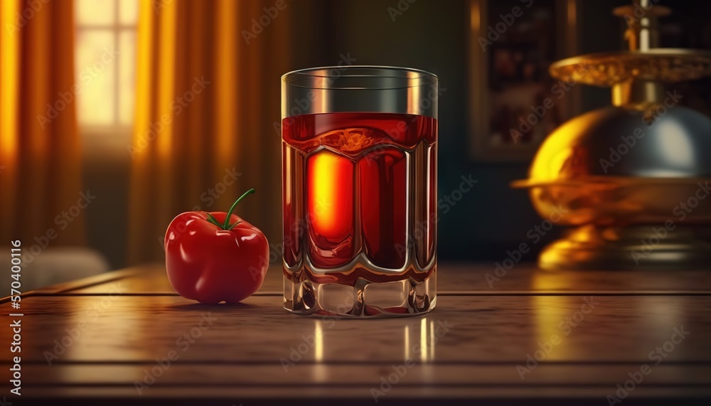 Fototapeta premium a glass of red liquid with a red apple next to it on a wooden table in front of a yellow curtained room with a window. generative ai