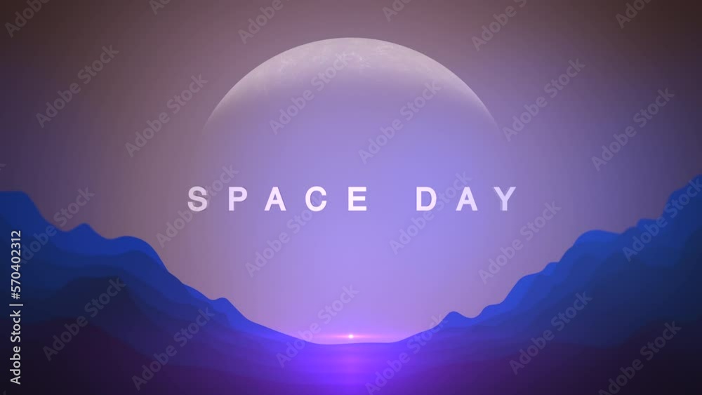 Space Day with moon and blue mountains in space, motion abstract futuristic, cosmos and sci-fi style background