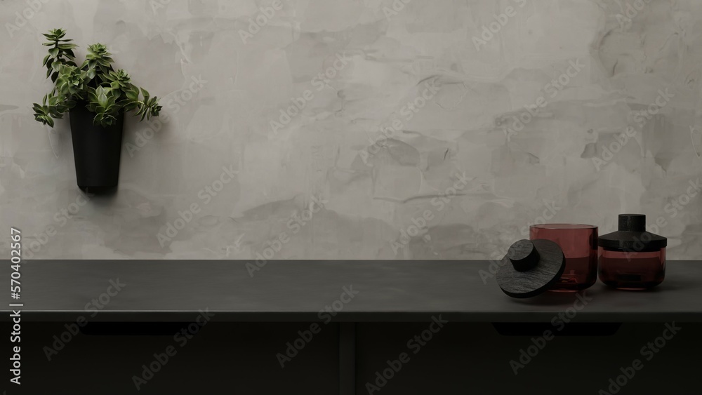 3d rendering. Dark modern minimal cozy counter mockup design for product presentation background.  Black anthracite top counter and grey concrete wall grass with green plant. Elegant kitchen interior - obrazy, fototapety, plakaty 