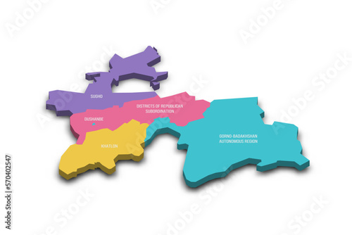 Tajikistan political map of administrative divisions - regions, autonomous region of Gorno-Badakhshan, districts of Republican Subordination and capital city of Dushanbe. Colorful 3D vector map with