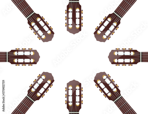 Acoustic guitar headstocks arranged in a circular shape, musical vector background with copy space.
