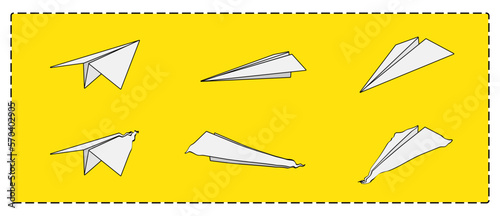 Editable vector paper airplane set, crumpled, outlined