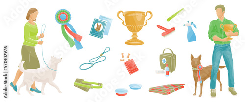 dogs show color vector  illustration, women walking dog, man with best in show cup, set elements-badge, cup, pet passport, comb, brush, leash,