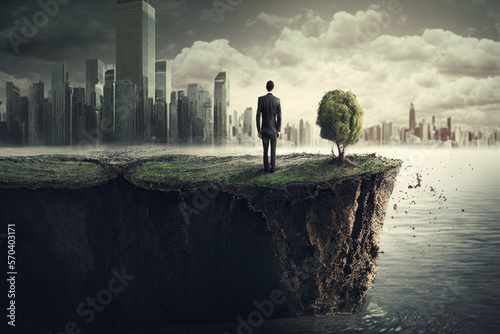 Leinwand Poster Business man standing in Front of a megacity focusing on his inner resilience sy