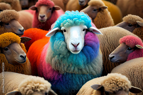 Herd of multicolored sheep in dyed in bright colors, generative AI