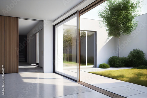 Modern house with minimal design and sliding glass door leading to a zen garden  generative AI