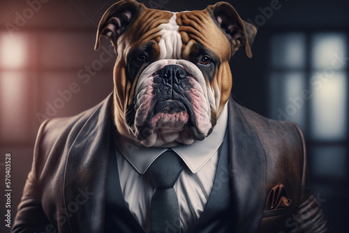 Portrait of a Bulldog Dressed in a Formal Business Suit at The Office, Boss Bulldog, Generative Ai
