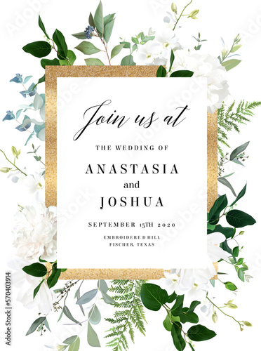 Classic white peony, hydrangea, magnolia and orchid flowers, eucalyptus, fern, salal, greenery, vector