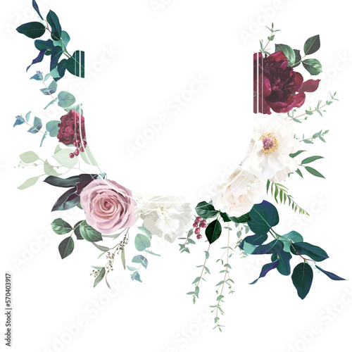 Blush pink rose, burgundy red peony, ranunculus, ivory white magnolia flowers vector design background