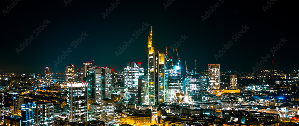 aerial view of city skyline at night, frankfurt am main, germany - obrazy, fototapety, plakaty 