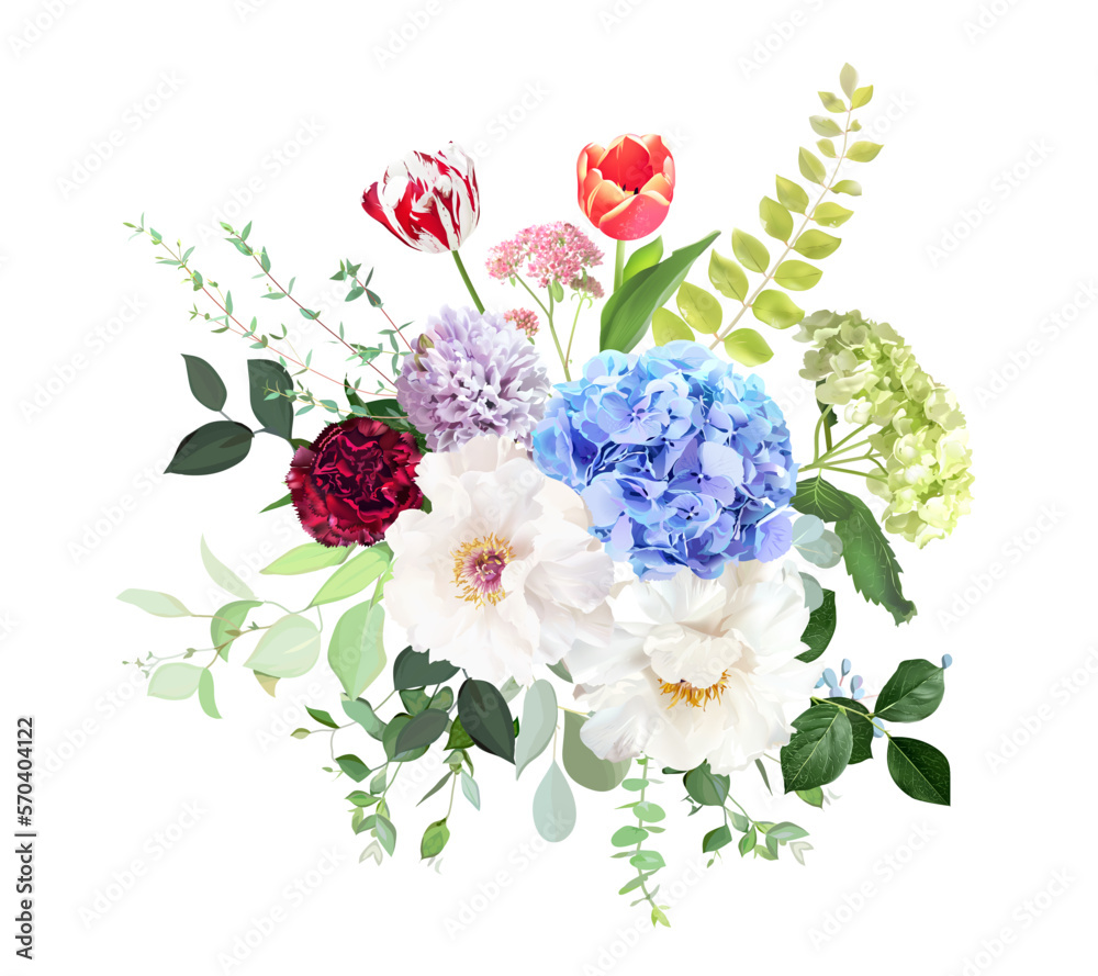 Blue, green hydrangea flowers, white  peony, tulips, purple hyacinth, red carnation, spring greenery