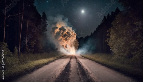  a long road with a lot of smoke coming out of the middle of the road and a full moon in the sky above the road. generative ai