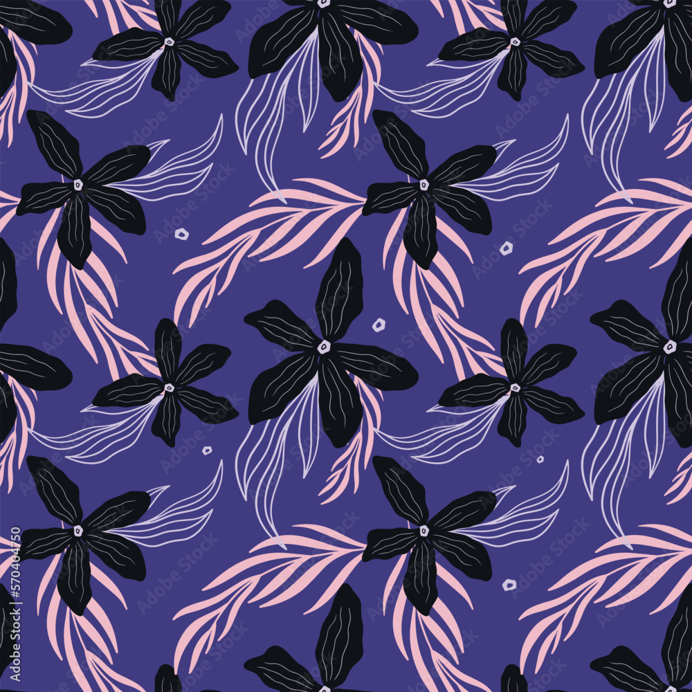 Vector purple floral seamless pattern. Bright leaves, flower buds Vector purple floral seamless pattern. Bright leaves, flower buds