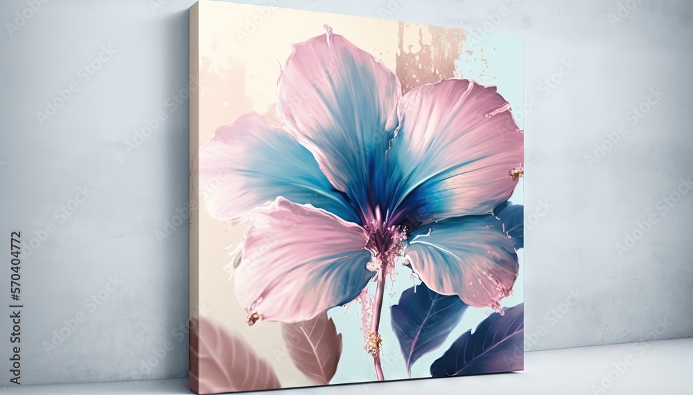 Obraz premium a painting of a pink and blue flower on a white background with a blue center and green leaves on the bottom of the painting is a pale blue background. generative ai