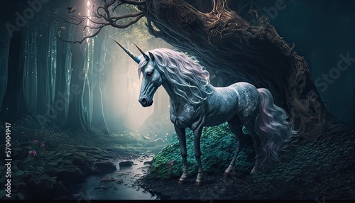 Enchanted forest guarded by mystical unicorn. Illustration fantasy by generative IA