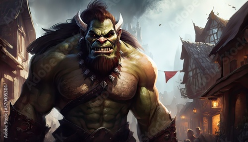 Giant ogre attacks peaceful village. Illustration fantasy by generative IA photo
