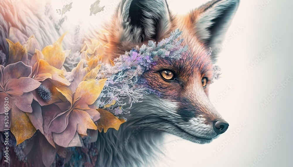 a painting of a fox with flowers on its head and a butterfly on its ...
