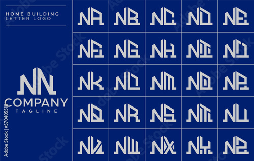Minimalist line building home initial letter N NN logo design set