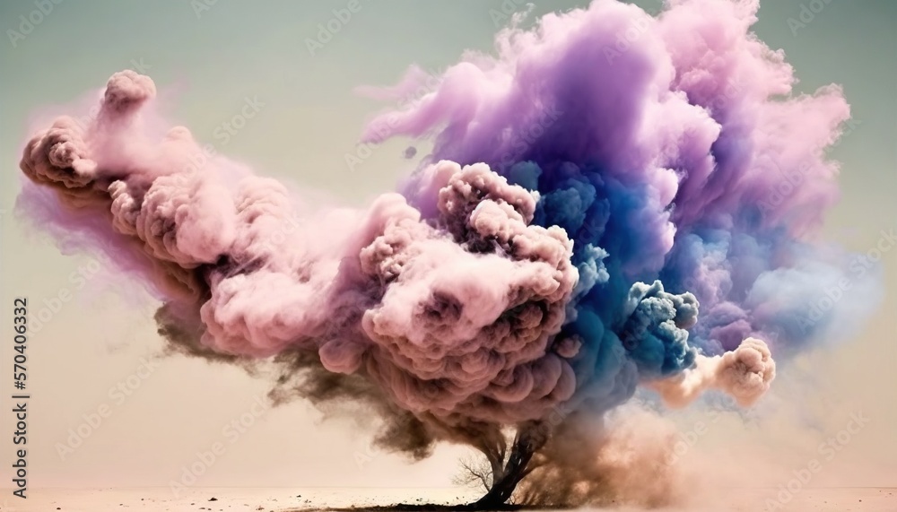  a colorful cloud of smoke rising from a tree in a desert area with a blue sky in the background and a lone tree in the foreground.  generative ai