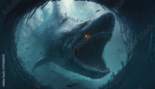 Leviathan swims in deep ocean trench. Illustration fantasy by generative IA