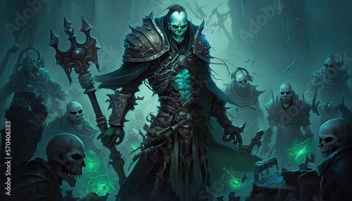Necromancer raises undead army. Illustration fantasy by generative IA