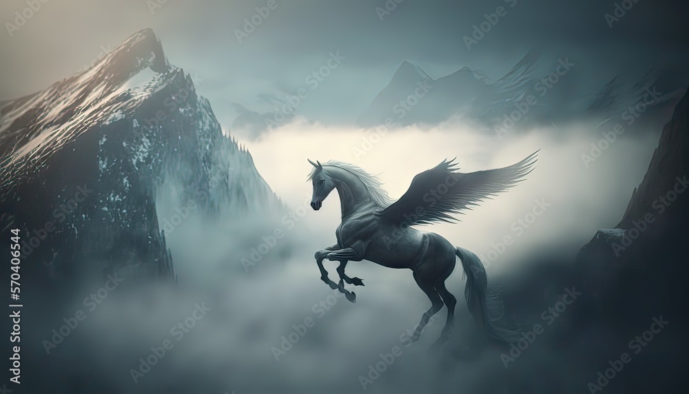 Fototapeta premium Pegasus flight over misty mountain range. Illustration fantasy by generative IA