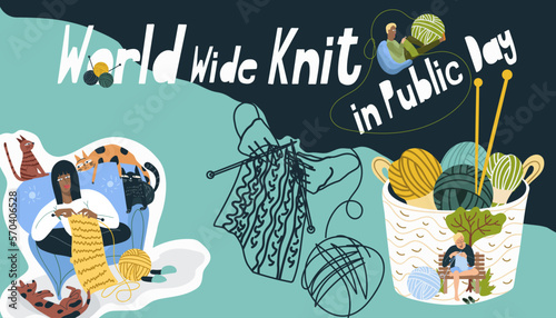 Collage International Knitting Day in public places, vector illustration of cartoon characters of people, men and women, knitting in the environment of the society of pets and in the park.