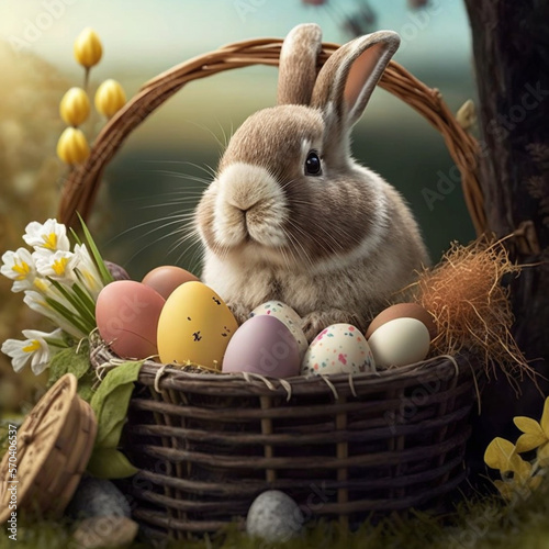 Easter bunny in basket, flowers and easter multicolored eggs