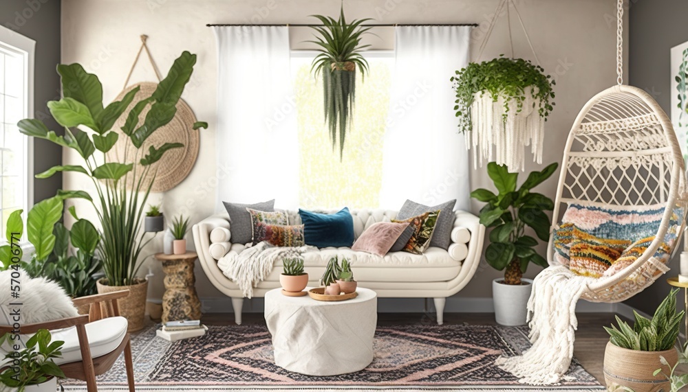 Fototapeta premium a living room filled with lots of plants and a hammock hanging from the ceiling of a room with a window and a rug on the floor. generative ai