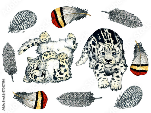 Pattern. Watercolor wild forest animals: snow leopard in feathers. Nature illustration for kids design.