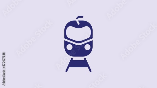 Blue Train and railway icon isolated on purple background. Public transportation symbol. Subway train transport. Metro underground. 4K Video motion graphic animation