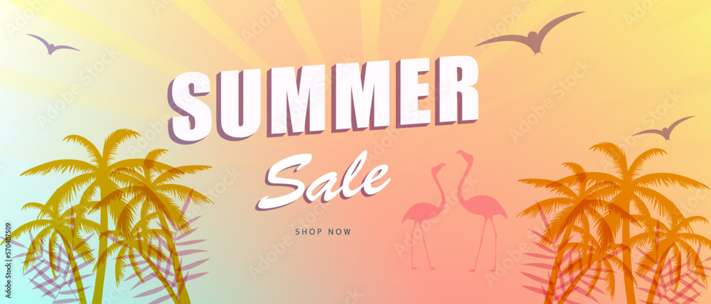 Summer sale banner background with palm tree. For web site, banner, flyer and placard template. Trendy summer backdrop for ad, label, cover, promotion materials and print. Summer sale concept, vector