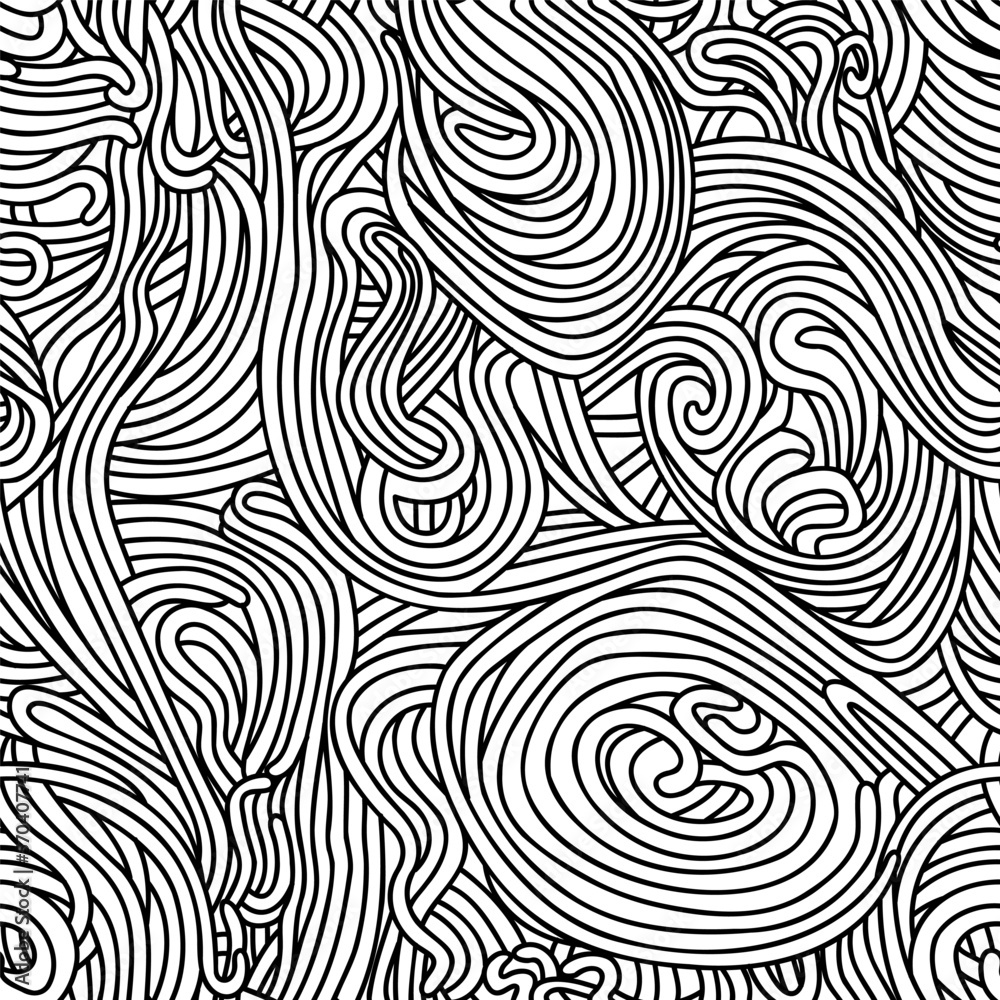 Seamless pattern with tangled lines and swirls - hand drawn black and white vector illustration.