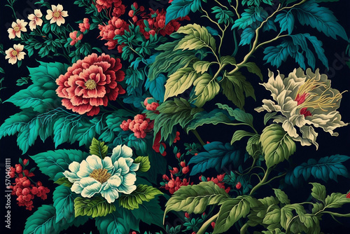 floral botany flowers plants leaves petals flowering blossoming thriving prolific lush verdant colorful palette Japanese classical painting background,generative ai.