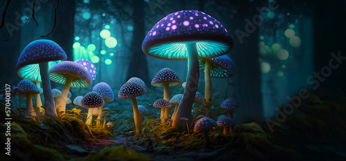 Colorful, mystical glowing mushrooms in a mystical forest. enchanted forest. AI