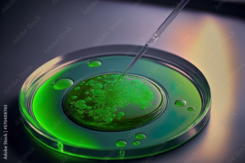 Placing a green dye solution in a petri plate by pipette. Generative AI