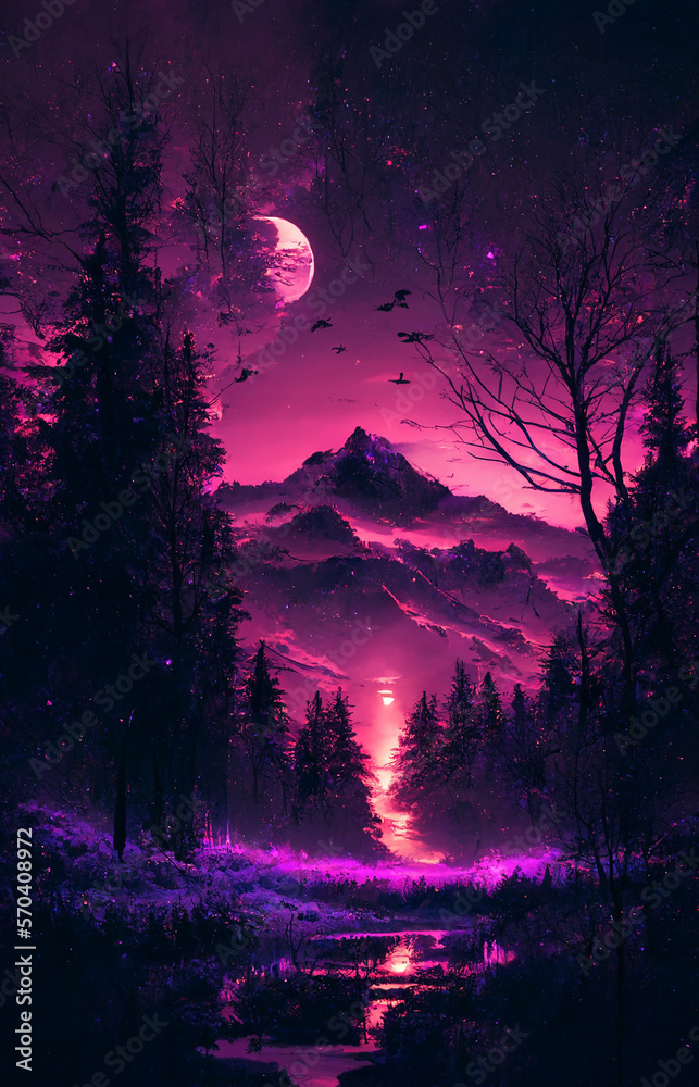 Purple aesthetic wallpaper, night landscape, forest, mountain, moon