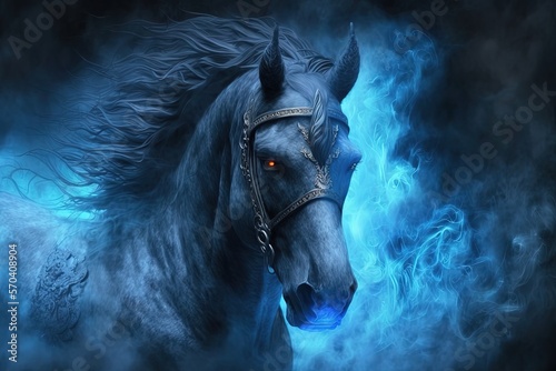 close up blue running horse  Generative Ai