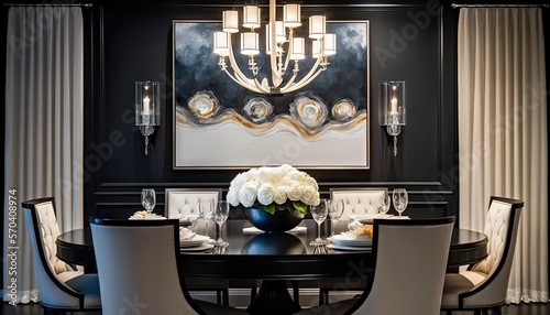  a dining room table with chairs and a vase of flowers on top of it with a large painting on the wall behind it and a chandelier hanging above the table.  generative ai